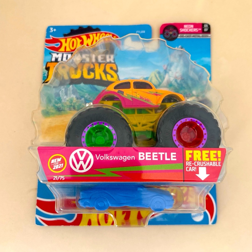 Hot Wheels 2021 Monster Trucks NEON Shockers #3/7 VW BEETLE #GTH59 1:64 Scale